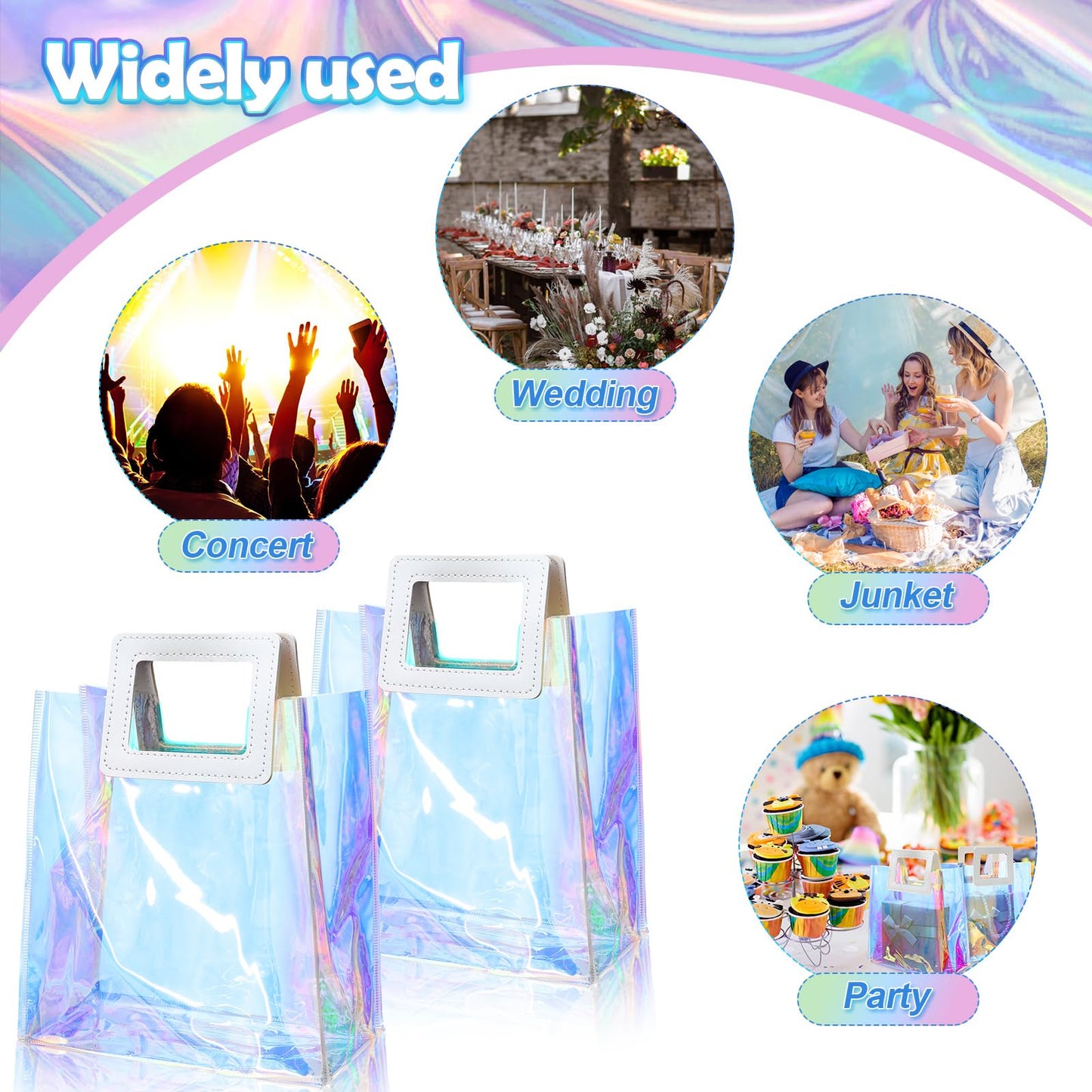 Cindeer 20 Pack Iridescent Gift Bags with Handles - Clear Holographic Tote Bag, Goodie, PVC Gift Wrap for Party, Birthday, Wedding, Baby Shower, Bridal Party Favor(7 x 4 x 8 Inch)