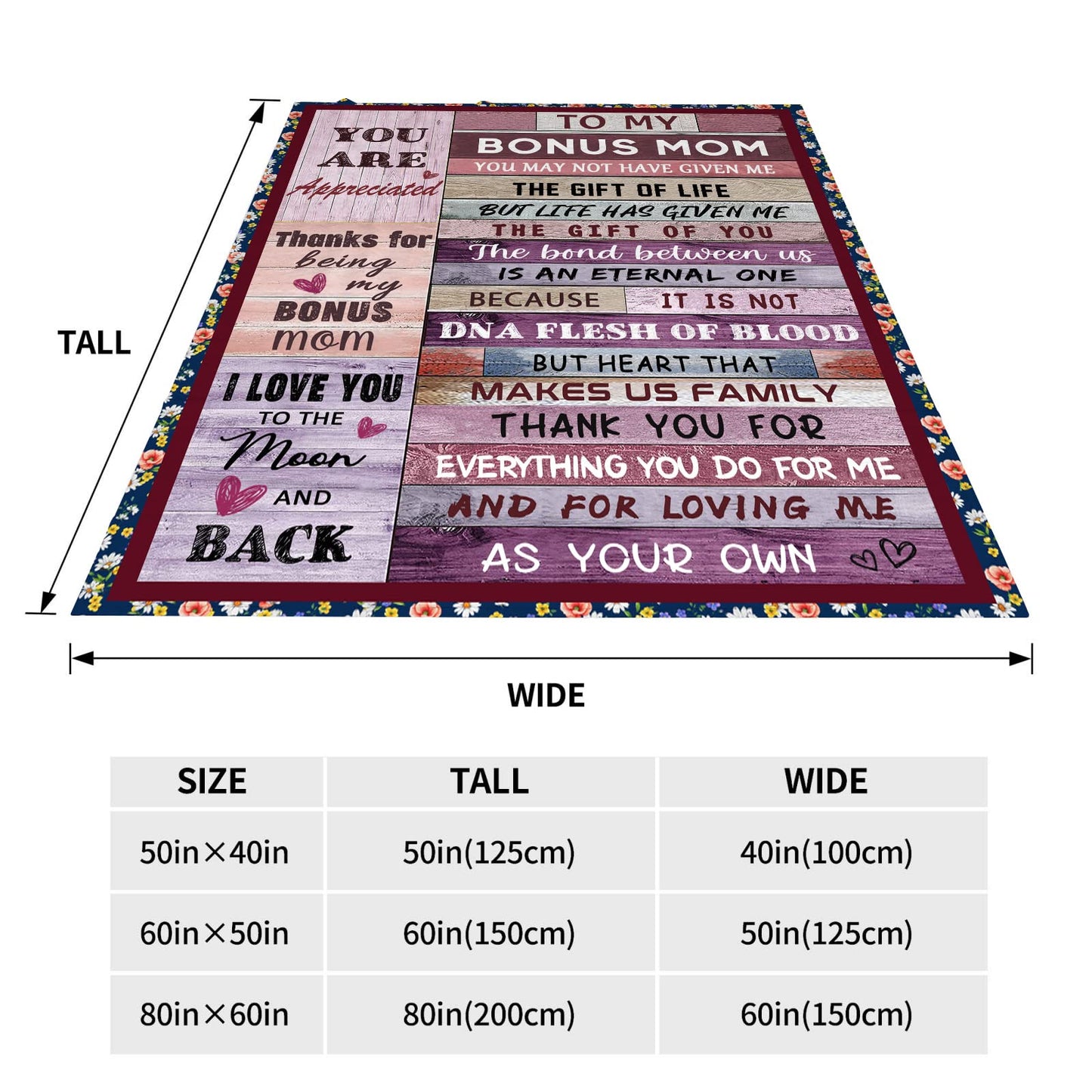 Bonus Mom Gifts Blanket from Daughter Son, Stepmom Birthday Gifts for Bonus Mother Stepmother Mothers Day Christmas Thanksgiving Gift Throw Blankets 50" x 60"