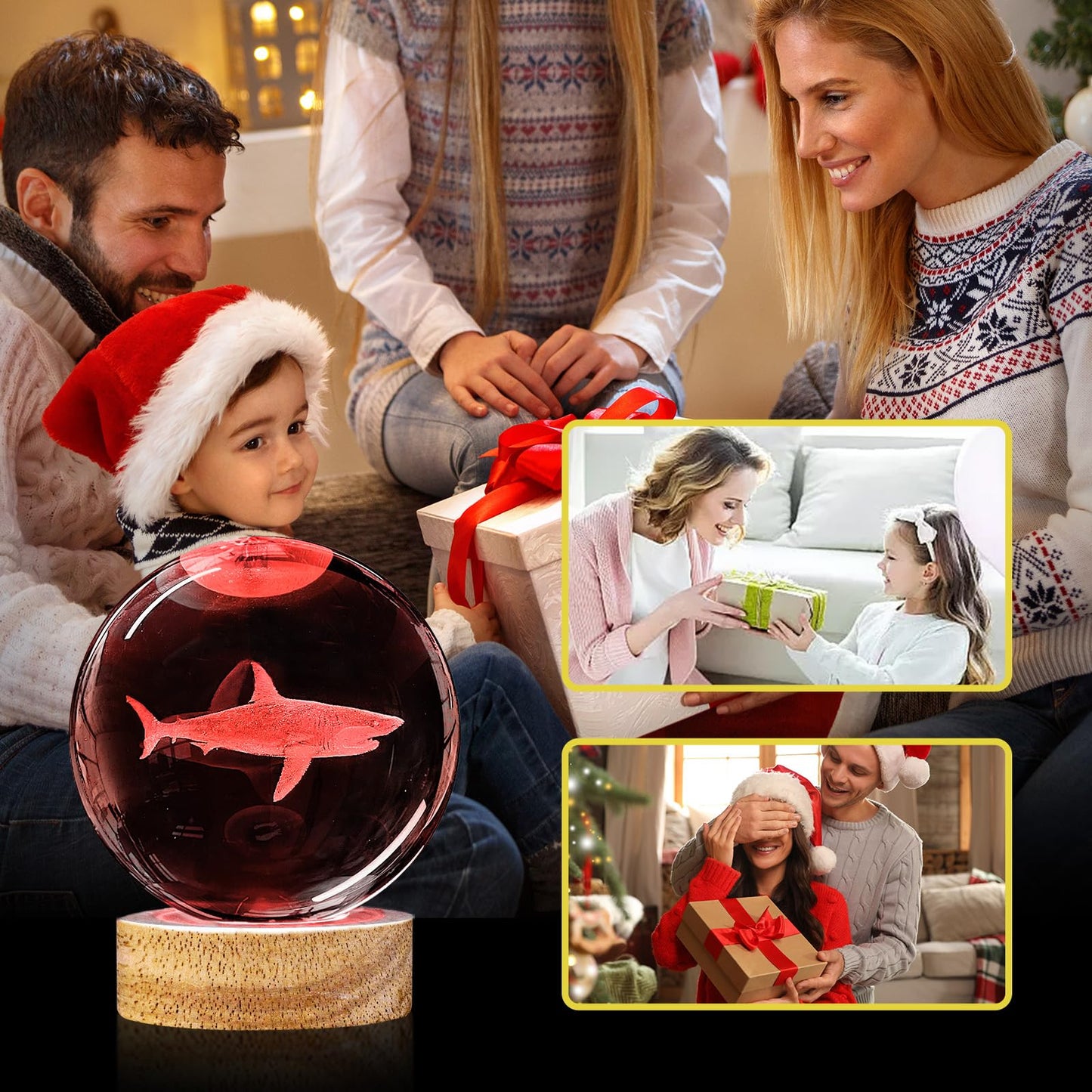 3D Crystal Ball Night Light with Wooden Base, 3.15" Shark Glass Ball Lamp, 16 Colors, Remote Control, Cool Desk Decor