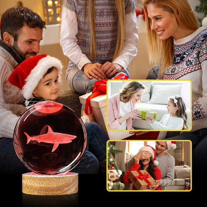 3D Crystal Ball Night Light with Wooden Base, 3.15" Shark Glass Ball Lamp, 16 Colors, Remote Control, Cool Desk Decor