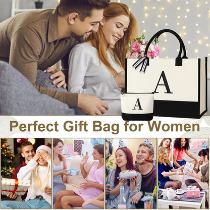 Personalized Canvas Tote Bag for Women Makeup Pouch Initial Beach Bag Removable Bottom Board for Travel Birthday