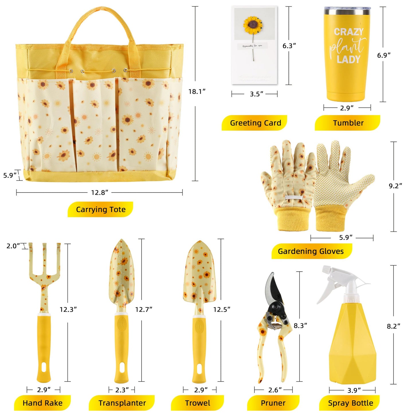 Sunflower Gardening Gifts for Women, Garden Tool Set, Heavy Duty Gardening Hand Tools with Garden Tool Bag,Yellow