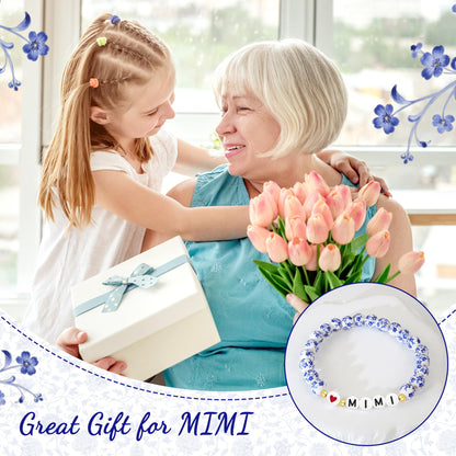 Sereney Mimi/Gigi/Nana/New Mom Gifts, Mimi/Gigi/Nana/New Mom Bracelet as Birthday Gift for Grandmother Great-grandmother Mother-in-law Mama, Bule and White Porcelain Stretch Bead Bracelet for Women