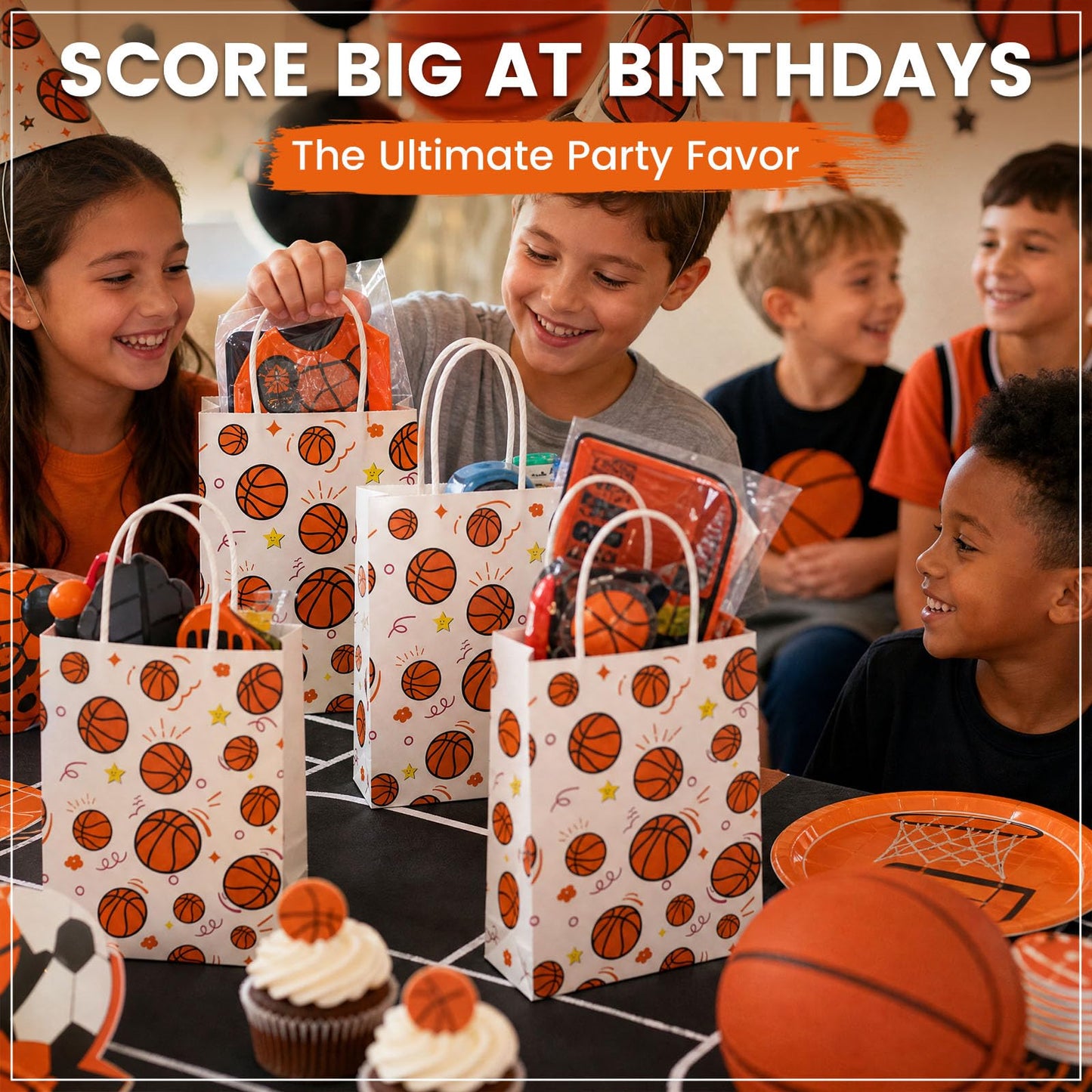 VGOODALL 16 Pack Gift Bags, 5.5" x 2.8" x 8" Basketball Party Favor Bags with Handles for Sports Theme Birthday Party Supplies