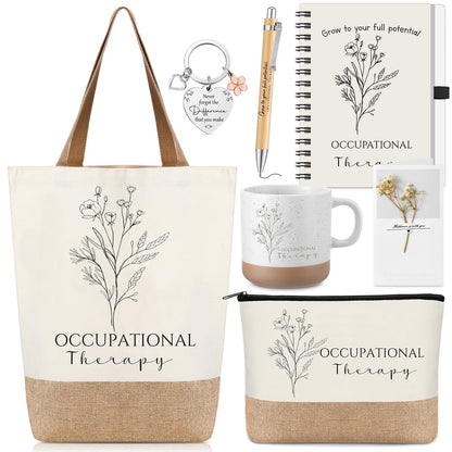 Suclain 7 Pcs Occupational Therapy Appreciation Gifts, Occupational Therapy Makeup Bag, Canvas Bag, Ceramic Mug, Spiral Notebook, Ballpoint Pen, Keychain, Appreciation Card for Women Office Gift