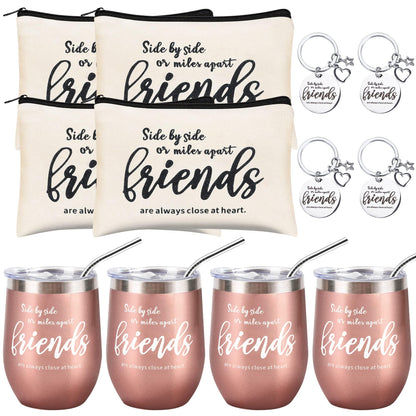 Kolewo4ever 12 Pieces Girl Trip Gifts Favors Bulk Friend Appreciation Gifts Set 4 Friends Wine Tumbler 4 Friends Cosmetic Bag 4 Keychains Appreciation Funny Long Distance Friendship Gift