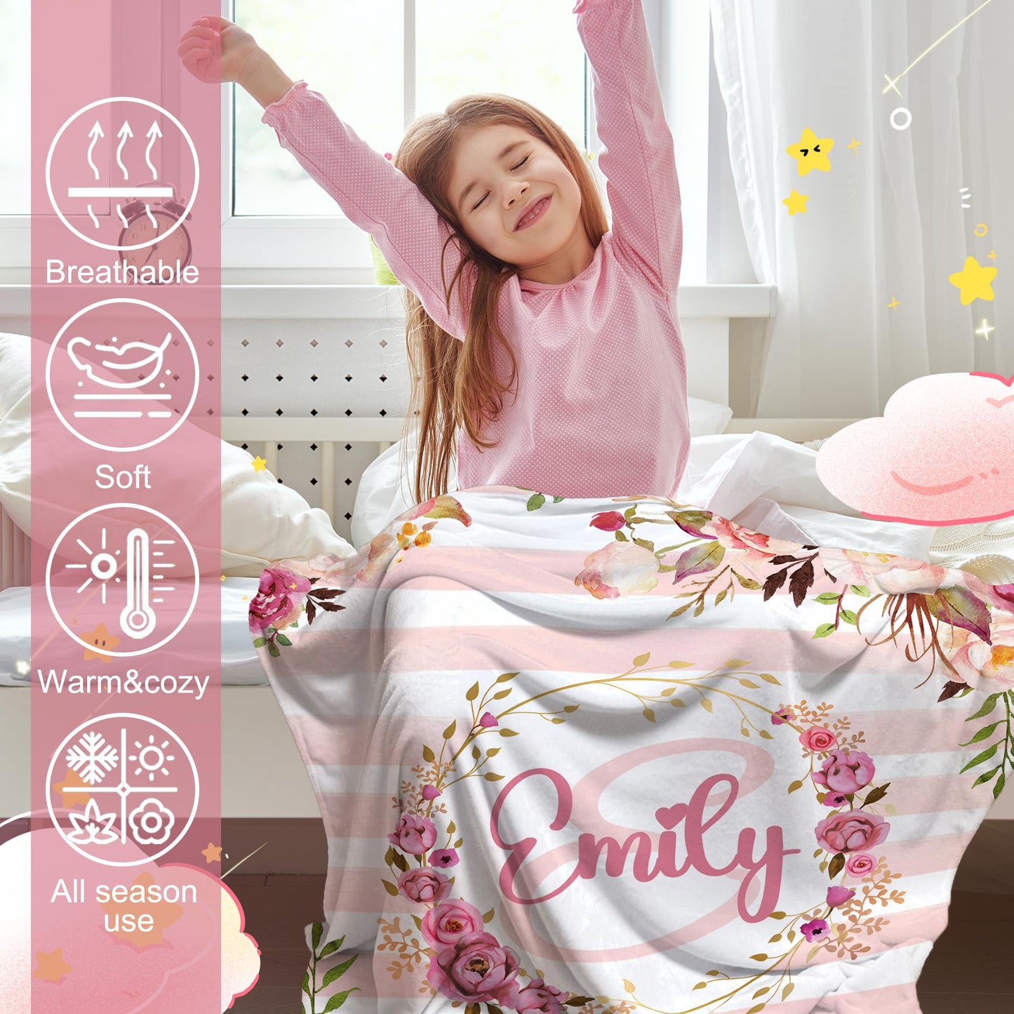 Personalized Baby Blanket for Girls with Name, Custom Baby Girl Blanket, Soft Receiving Blanket for Newborn, Personalized Baby Gifts & Personalized Blankets for Kids(Flroal Name-c)