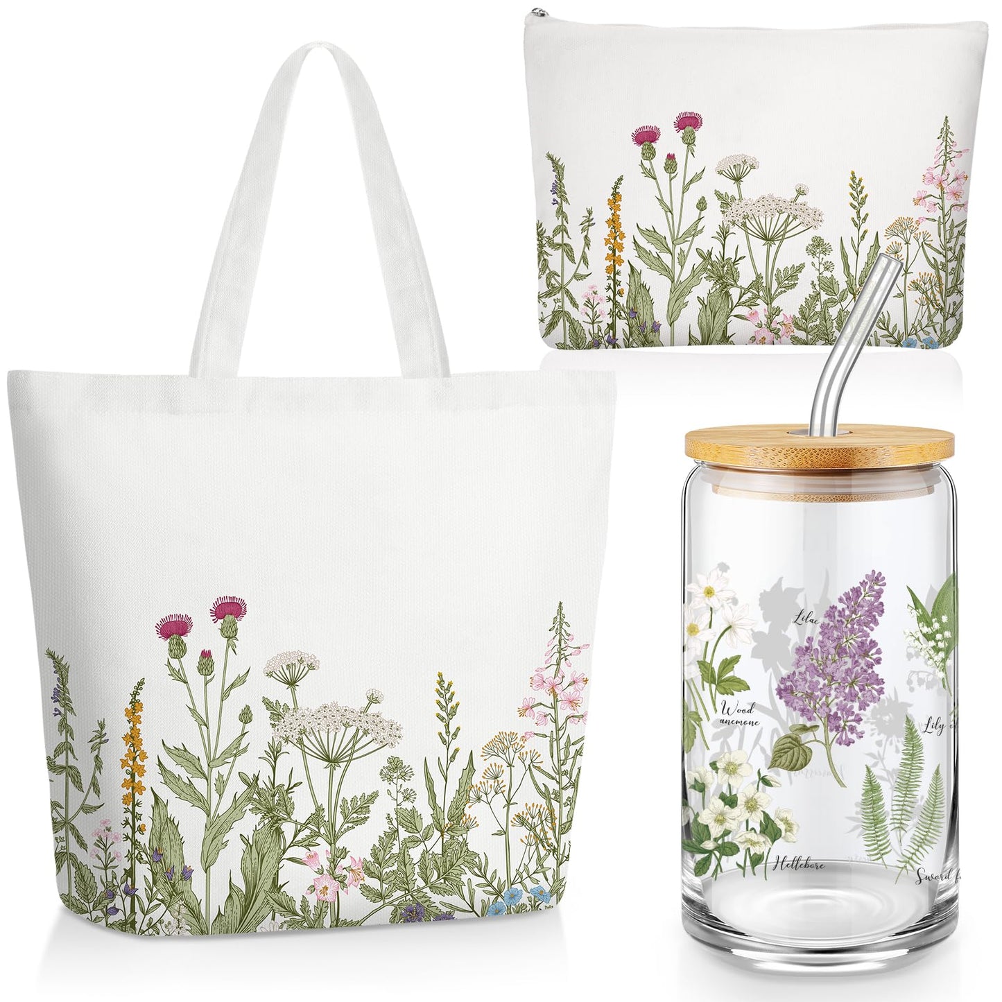 FoldTier 3 Pcs Plant Lover Gift for Women, Spring Aesthetic Gift for End of Year Teacher, Floral Canvas Tote Bag, 16 oz Coffee Cup with Straw Lid, Makeup Bag for Mother Birthday(White,Flower)
