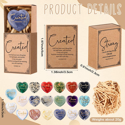 Potchen 20 Set Christian Scripture Gifts for Women Natural Heart Crystal Stone Engraved Bible Verse with Scripture Match Storage Box Raffia Church Religious VBS Inspirational Gift Rocks (Multicolor)