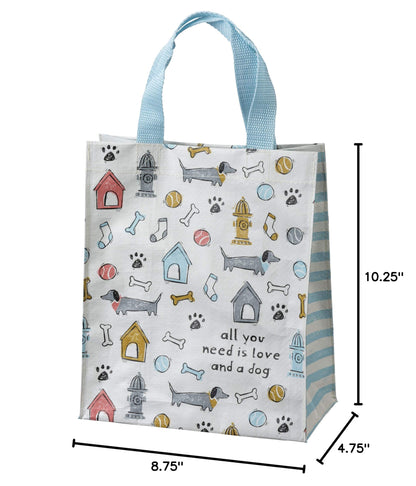 Primitives by Kathy All You Need Is Love And A Dog Daily Tote Bag, double-sided,"All You Need Is Love And A Dog" sentiment with all-over dog themed block print design/complementing blue straps