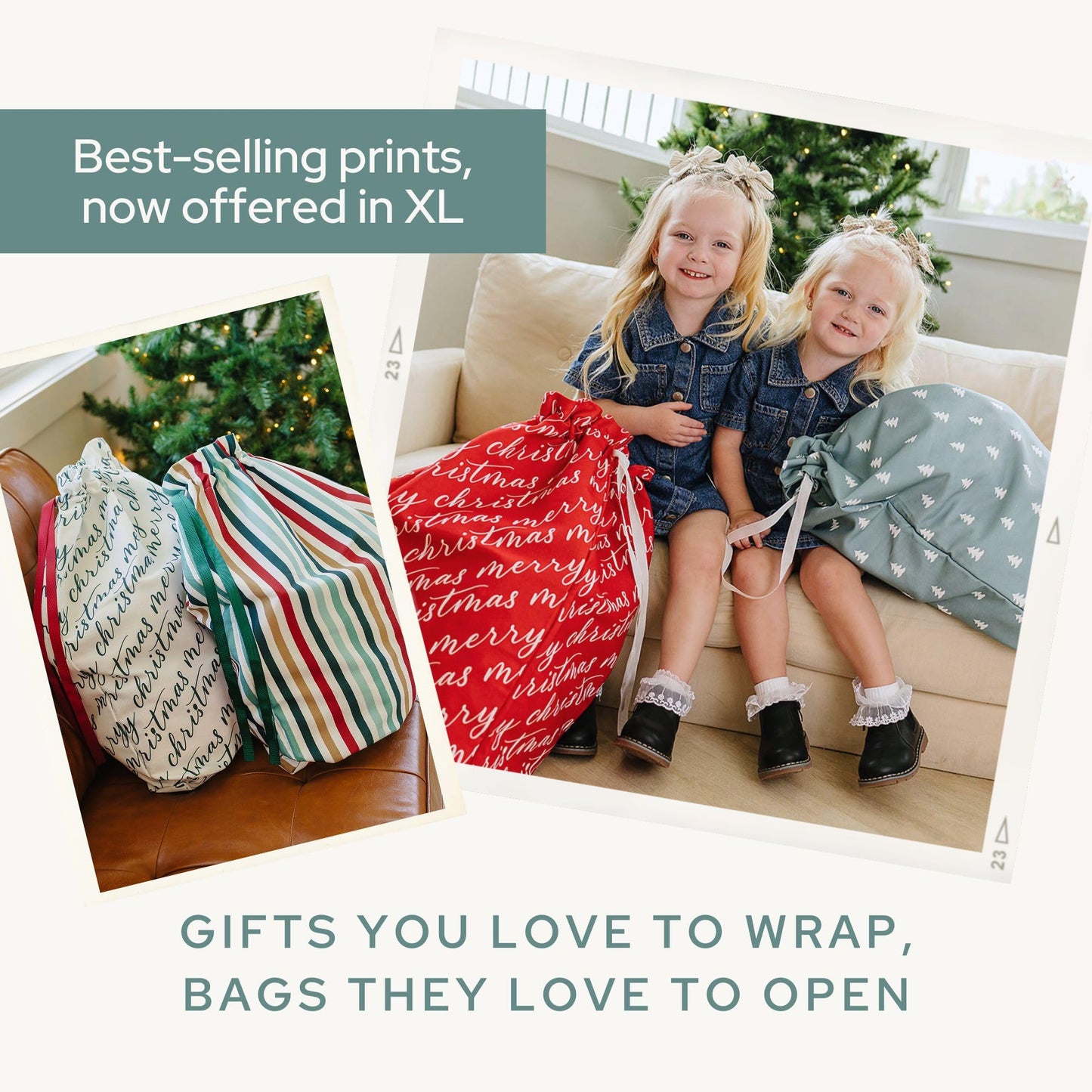 Gather & Knot Drawstring Christmas Gift Bags | 20" Large 16" Medium | Modern Farmhouse | Premium Canvas | Reusable Fabric Wrap for Holidays | Mix & Match Set