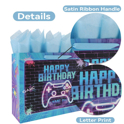 wishinside 16.5'' Extra Large Gamer-themed Birthday Gift Bag Set with Handles, Greeting Card, Tissue Papers and Stickers for Boys Girls Kids Teens Men Women, Game Design, 1 Pcs