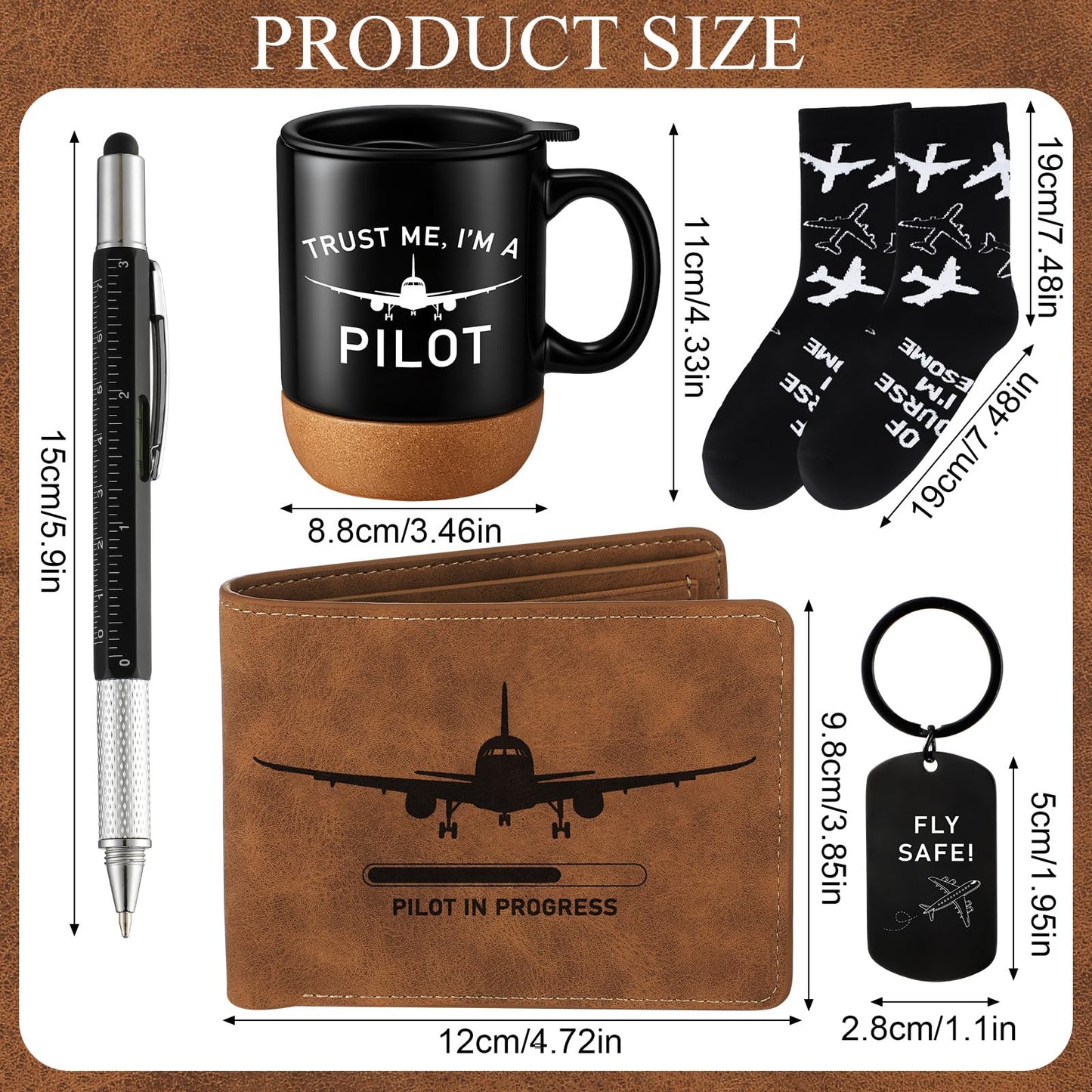 5 Pcs Pilot Gifts for Men Dad's Gifts Set Include Sock and Ceramic Mug Leather Wallet 6 in 1 Multi Tool Pen Keychain Dad Present from Son Daughter Husband Present