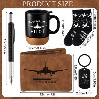 5 Pcs Pilot Gifts for Men Dad's Gifts Set Include Sock and Ceramic Mug Leather Wallet 6 in 1 Multi Tool Pen Keychain Dad Present from Son Daughter Husband Present