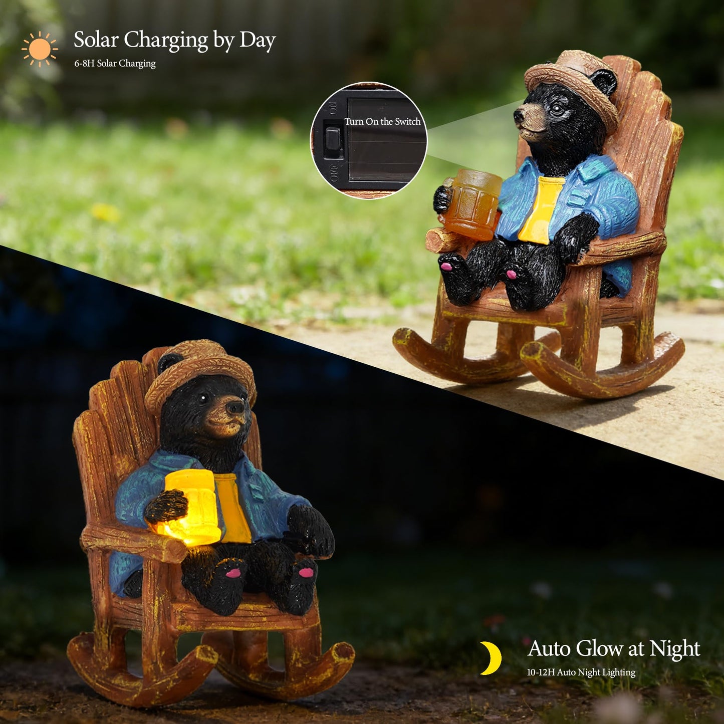 4.3" Miniature Solar Black Bear Garden Statue - Small Funny Bear in Rocking Chair with Glowing Beer Mug, Whimsical Outdoor Figurine for Patio & Desktop, Unique Birthday Gift for Dad/Men