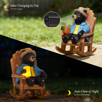 4.3" Miniature Solar Black Bear Garden Statue - Small Funny Bear in Rocking Chair with Glowing Beer Mug, Whimsical Outdoor Figurine for Patio & Desktop, Unique Birthday Gift for Dad/Men