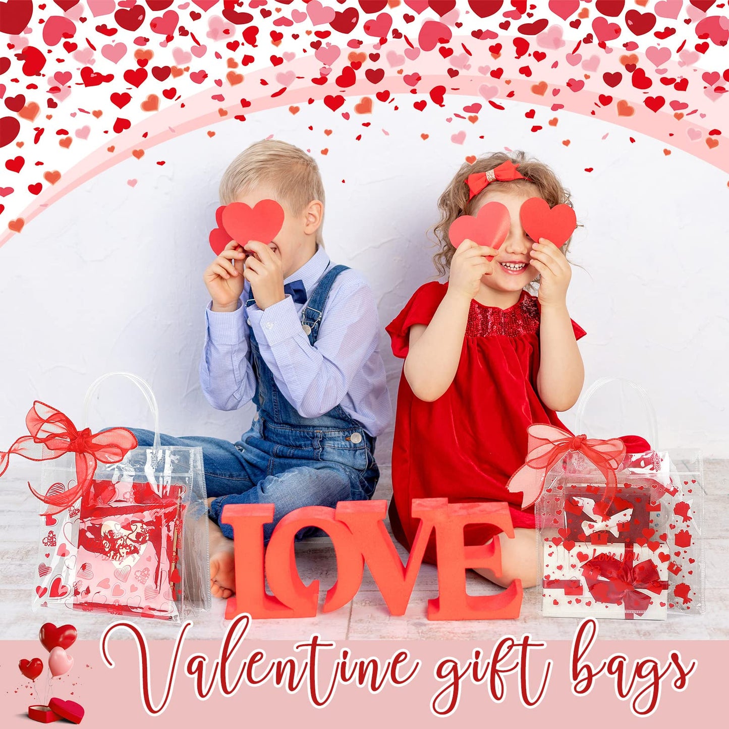 Amylove 24 Pcs Valentines Gift Bags Bulk Valentines Day Clear Gift Bags Bulk Valentine Clear PVC Goodie Bag with Handles Galentines Day Party Favors (Stylish,Red)
