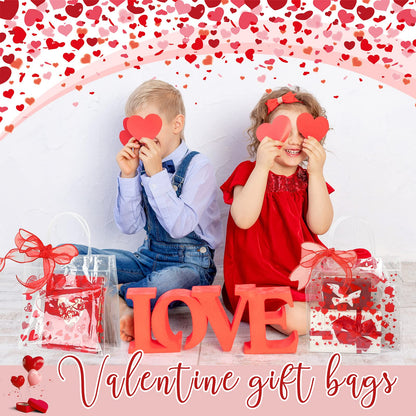 Amylove 24 Pcs Valentines Gift Bags Bulk Valentines Day Clear Gift Bags Bulk Valentine Clear PVC Goodie Bag with Handles Galentines Day Party Favors (Stylish,Red)