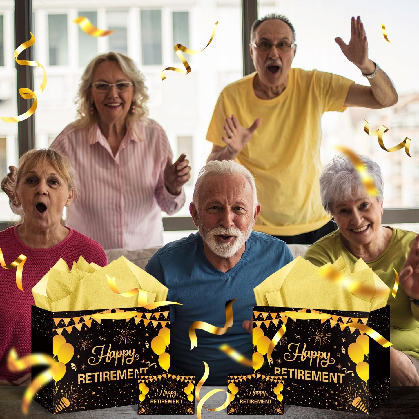 Hooqict Large Retirement Gift Bag Black Gold Happy Retirement Party Gift Bag with Handles, Wrapping Paper, Greeting Card for Men Women Coworker Teacher Farewell Going Away Party Favors