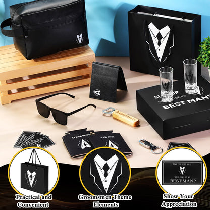 Roshtia 60 Pcs Groomsmen Proposal Gifts Set, Including 6 Toiletry Bags 6 Sunglasses 6 Cups 6 Can Sleeves 6 Beer Openers 6 Wallets 6 Keychains 6 Postcards 6 Gift Boxes 6 Gift Bags for Wedding Party