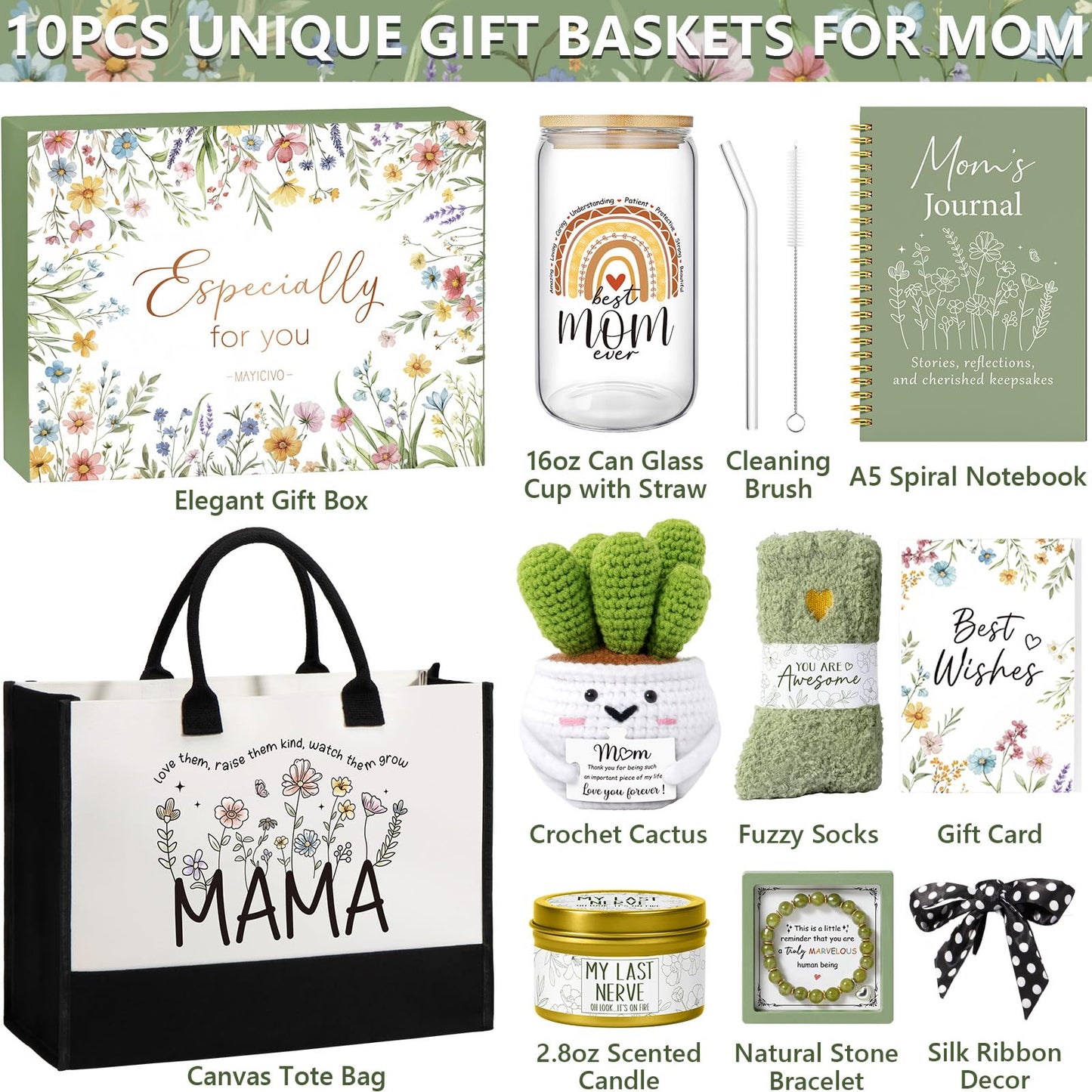 MAYICIVO Mothers Day Mom Gifts from Daughter Son, Best Mom Birthday Gifts Ideas for Moms Women Mother-in-Law Mothers Day Gift Baskets for Mother, New Mama Gift for Wife from Husband w/Canvas Tote Bag