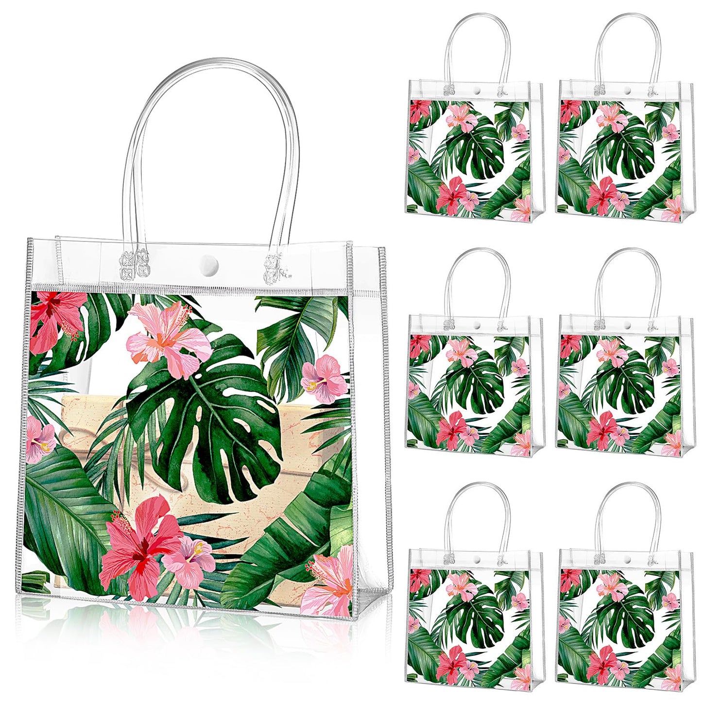 Aliceset 20 Pcs Clear Aloha Bags Hawaiian Luau Party Favors with Handles Summer Tropical Palm Leaves Goodie PVC Plastic Gift Bags for Summer Birthday Party Supplies, 8 x 8 x 3.15 Inch