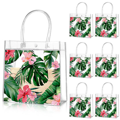 Aliceset 20 Pcs Clear Aloha Bags Hawaiian Luau Party Favors with Handles Summer Tropical Palm Leaves Goodie PVC Plastic Gift Bags for Summer Birthday Party Supplies, 8 x 8 x 3.15 Inch
