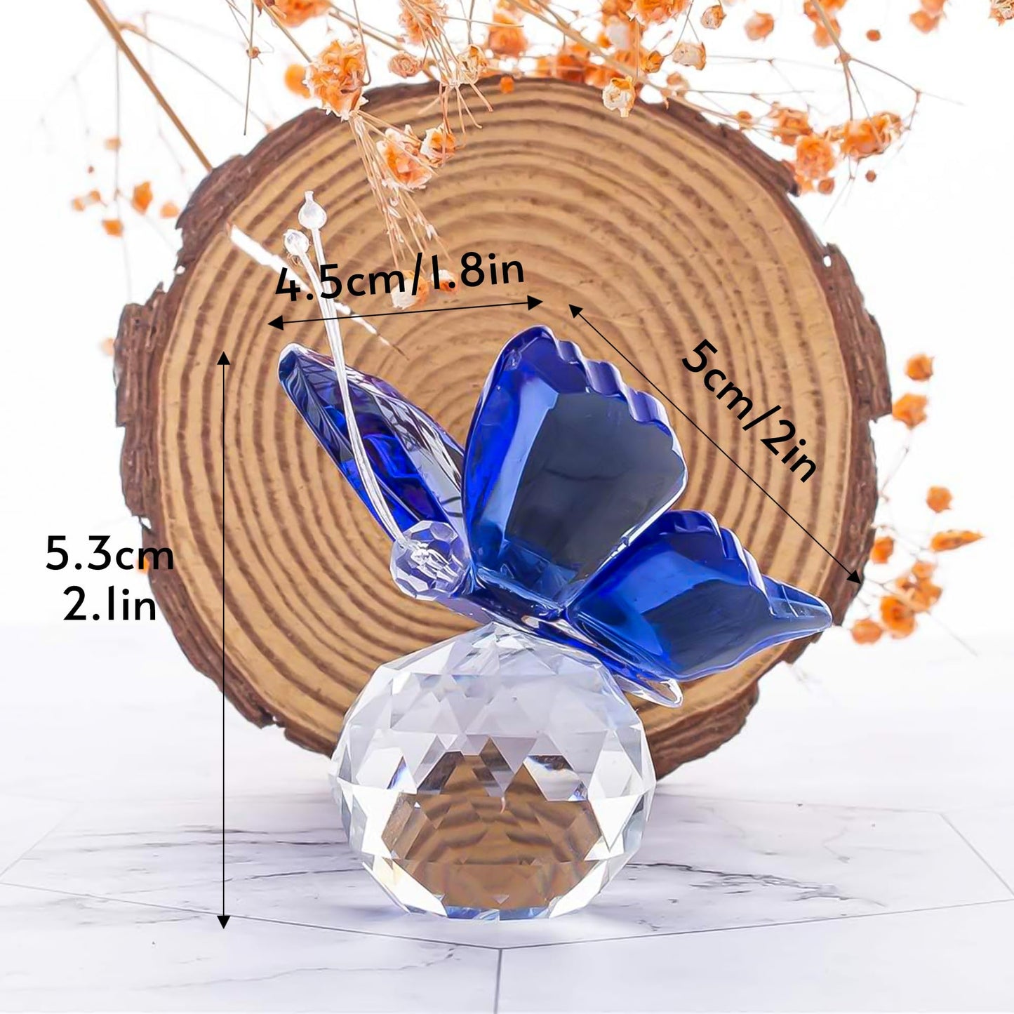 H&D Crystal Flying Butterfly with Crystal Ball Base Figurine Collection Cut Glass Ornament Statue Animal Collectible (Blue)