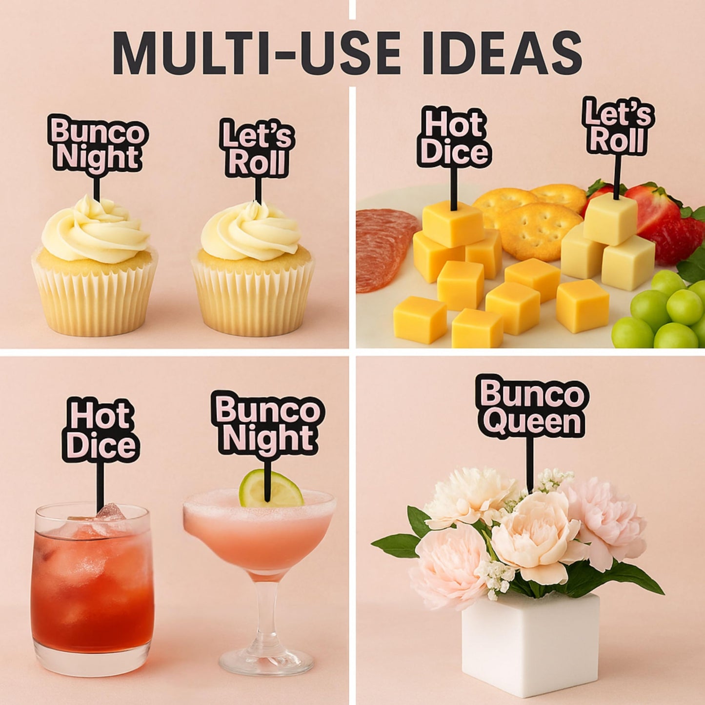 Bunco Cupcake Toppers – 8 Fun Bunco Sayings – Reusable Party Picks for Cupcakes & Snacks – Great Bunco Gift or Door Prize