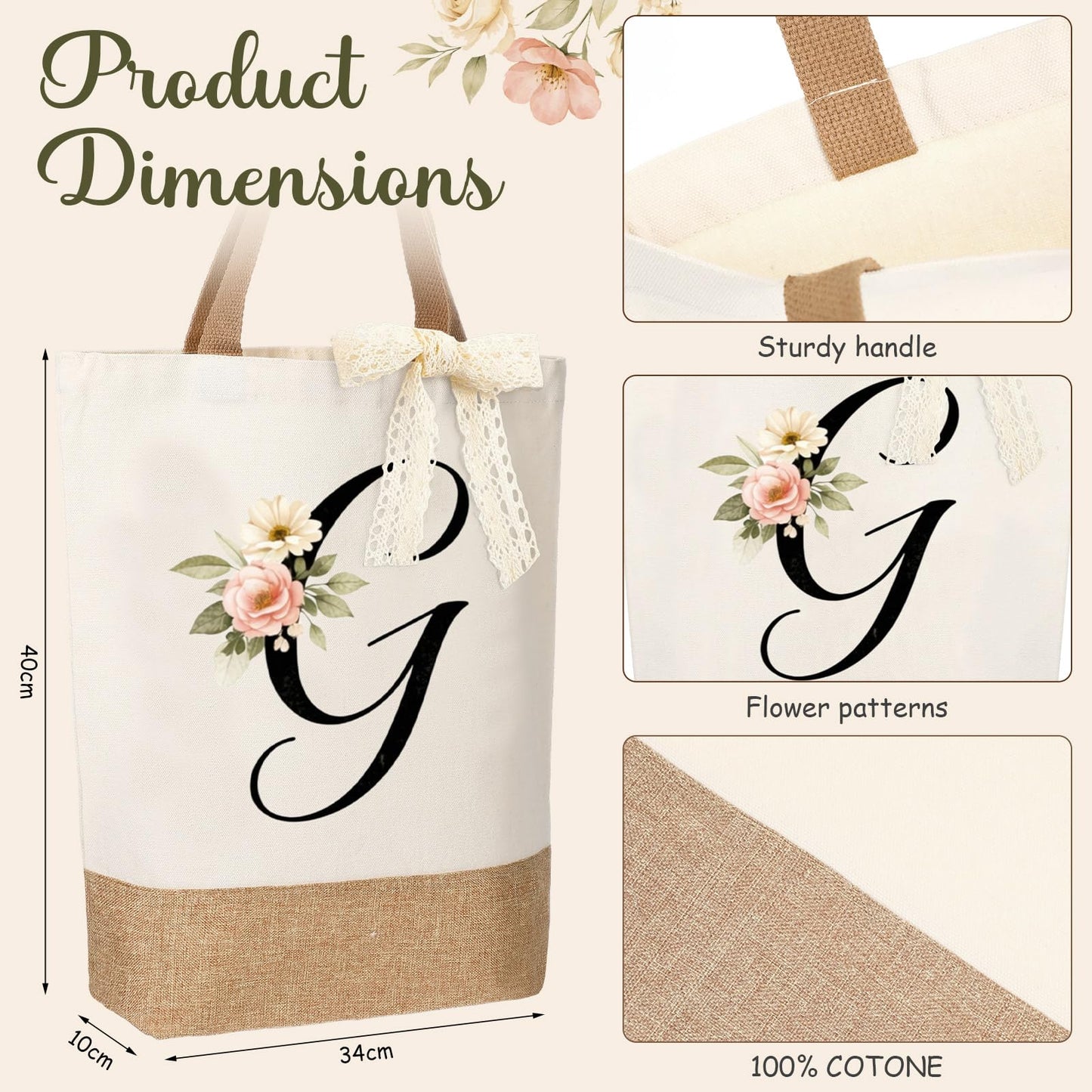 Kacctyen Initial Letter Gifts for Women Initial Letter Jute Tote Bag Makeup Bag Mug Keychain Card Birthday Holiday Gifts(G)