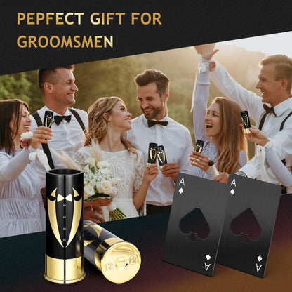 Yoption 16 Pcs Groomsmen Gifts Set, 8pcs Gauge Shot Glasses with 8pcs Credit Card Size Bottle Openers for Wedding Party Proposal Groomsmen Bridesmaid Favors