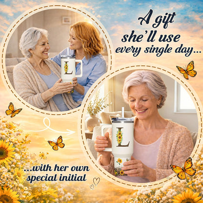 Personalized Birthday Gifts For Women - Sunflowers Monogrammed Cup For Boss Day, Christmas - Customized Gifts For Women, Mom, Wife, Coworkers, Boss Lady, Her - Custom Tumbler With Handle 40oz