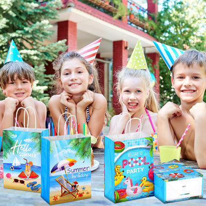 Outus 24 Pieces Summer Pool Party Favors Bags Beach Gift Goodie Paper Bags with Handles Beach Swimming Pool Candy Treat Pouch for Summer Hawaiian Luau Birthday Holiday Party Supplies