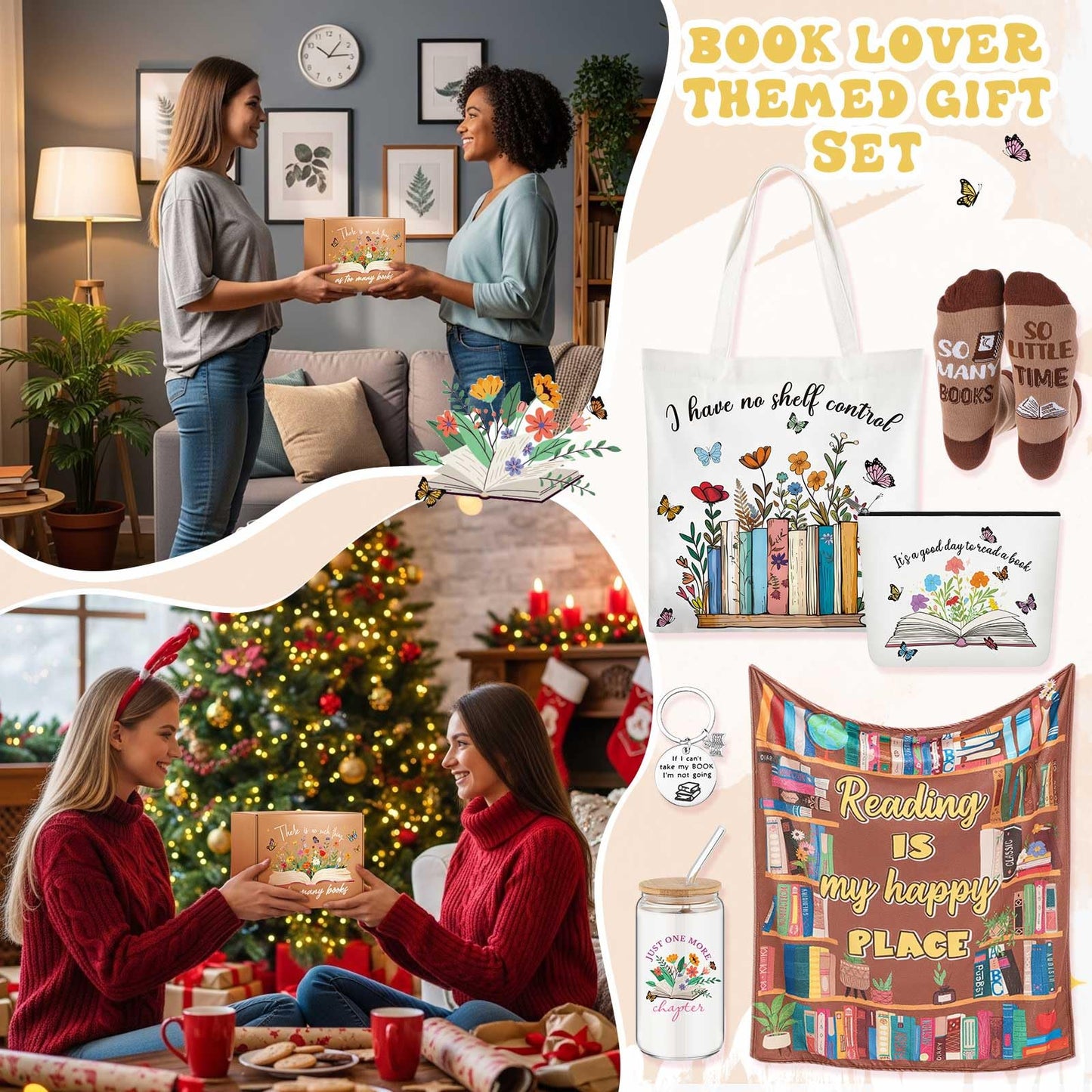 Paterr 6 Pcs Book Lover Gifts for Women, Mother's Day Book Club Gifts for Bookish, Canvas Tote Bag Makeup Bag Print Blanket Socks 16oz Glass Coffee Cup with Straw Cute Keychain for Librarian Birthday