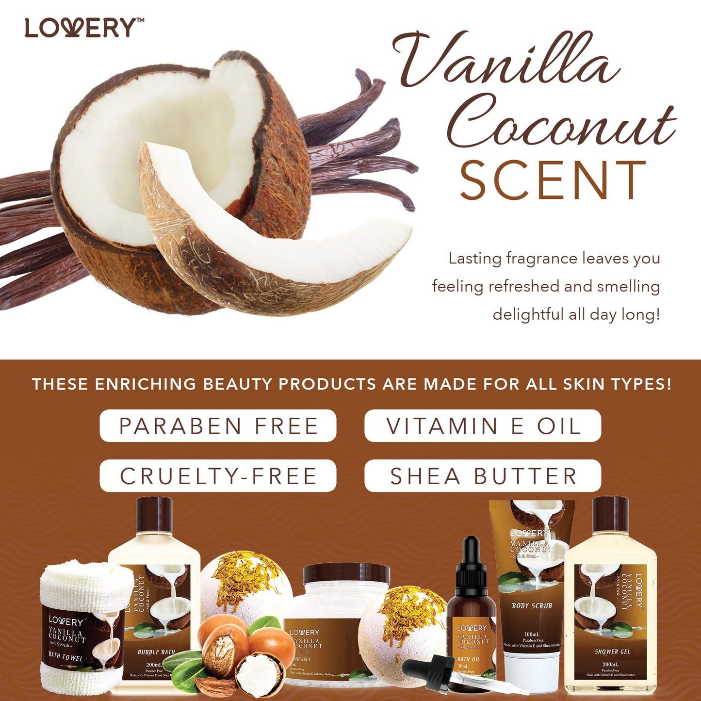 Gifts For Women Gift Basket for Women– Mothers Day Gifts for Mom, 9 Piece Set of Vanilla Coconut Home Spa Set, Luxurious Bath and Body Set, Includes Fragrant Lotions, Large Bath Bombs, Coconut Oil
