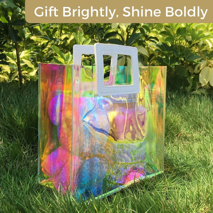 VUOJUR Holographic Small Gift Bag 8.3x8x4'' Clear Reusable Birthday Gift Bag for Women Girls Iridescent Bachelorette Wedding Christmas with Handle