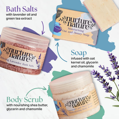 Nurture by Nature Spa Gifts for Women - Mothers Day Gifts for Mom, Self Care Gift Set & Spa Gift Basket for Women, 6 Piece Bath Set with Candle, Bath Bomb, Salts & Pillow Spray - Relaxation Gifts