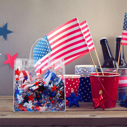 Kosiz 24 Pcs Patriotic Gift Bags Patriotic Party Favors Red White Blue American Star Clear PVC Gift Bags, Memorial Day Independence Day 4th of July with Handle for USA Party Supplies