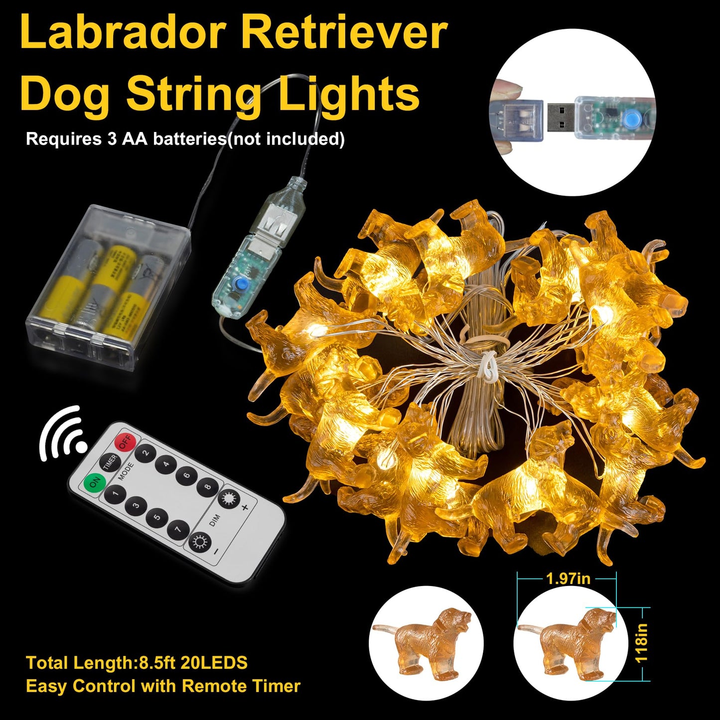 Labrador Retriever Dog String Lights, 8.5ft 20LED USB and Battery Operated Fairy Lights with Remote Puppy Gifts for Pet Owners Christmas Lights for Indoor Outdoor Wedding Birthday Parties Xmas Tree