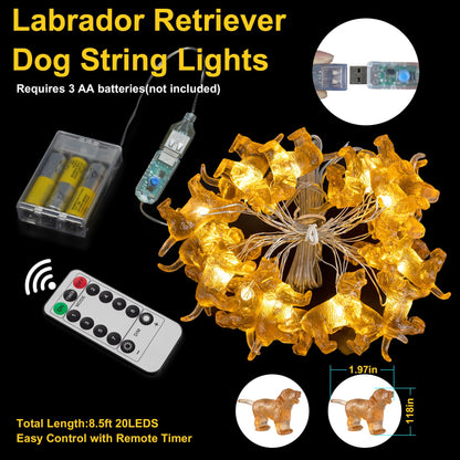 Labrador Retriever Dog String Lights, 8.5ft 20LED USB and Battery Operated Fairy Lights with Remote Puppy Gifts for Pet Owners Christmas Lights for Indoor Outdoor Wedding Birthday Parties Xmas Tree