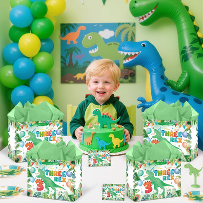 Peconal 3rd Birthday Gift Bag Dinosaur 3rd Birthday Party Decorations Three Rex Dinosaur Gift Wrapping Paper Bag with Tissue Paper for Boys Dino Age 3 Year Old Party Favors Supplies