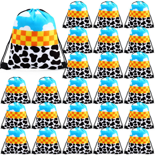 Abbylike 24 Pcs Cartoon Party Favor Bags Birthday Gift Candy Goodies Treat Drawstring Backpacks for Blue Sky Cloud Cow Party Room Decoration Prizes