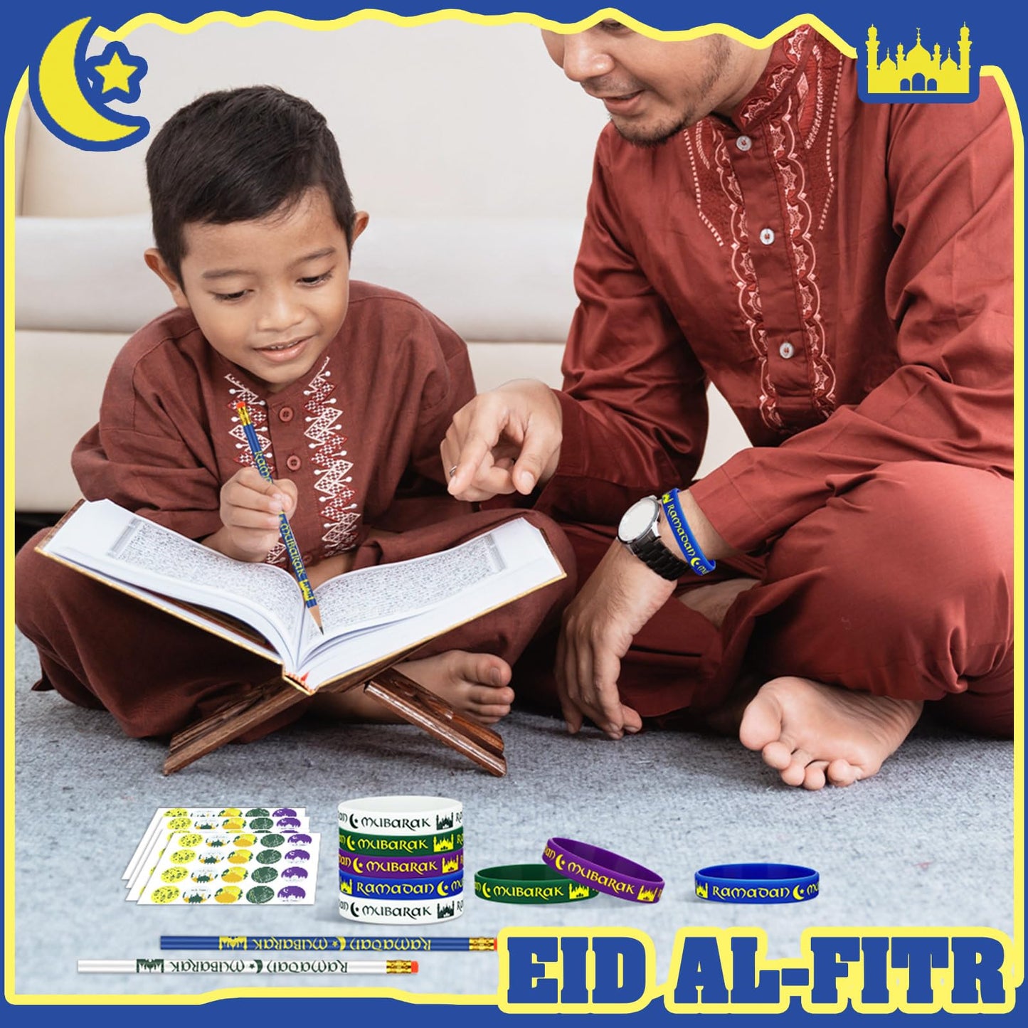 TecUnite 130 Pcs Ramadan Gifts 2026 Eid Mubarak Gifts Bulk for Kids Includes Eid Pencils Silicone Wristbands Islamic Stickers Ramadan Party Supplies for Kareem Basket Bag Stuffers Decoration