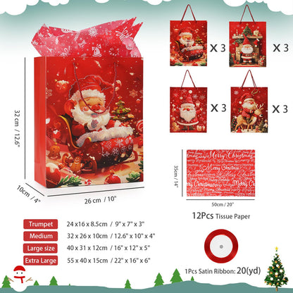 Rusikia 12 Christmas Gift Bags with 12 Tissues and 1 Satin Ribbon, Red Party Favor Bags Bulk with Handles, Glittery Cute Tree Father Christmas Paper Bag for Wrapping Holiday (Large 16"x12"x5")