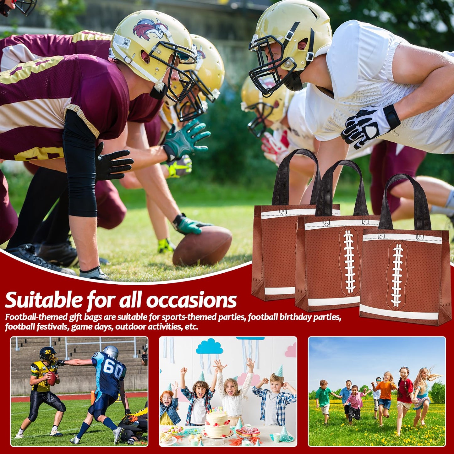 24Pcs Football Gift Bags With Handles Bulk Sport Theme Treat Candy Bags Football Team Present Non Woven Goodie Snack Favor Bag for Sport Boys Birthday Party Favor Baby Shower Decorations Supplies