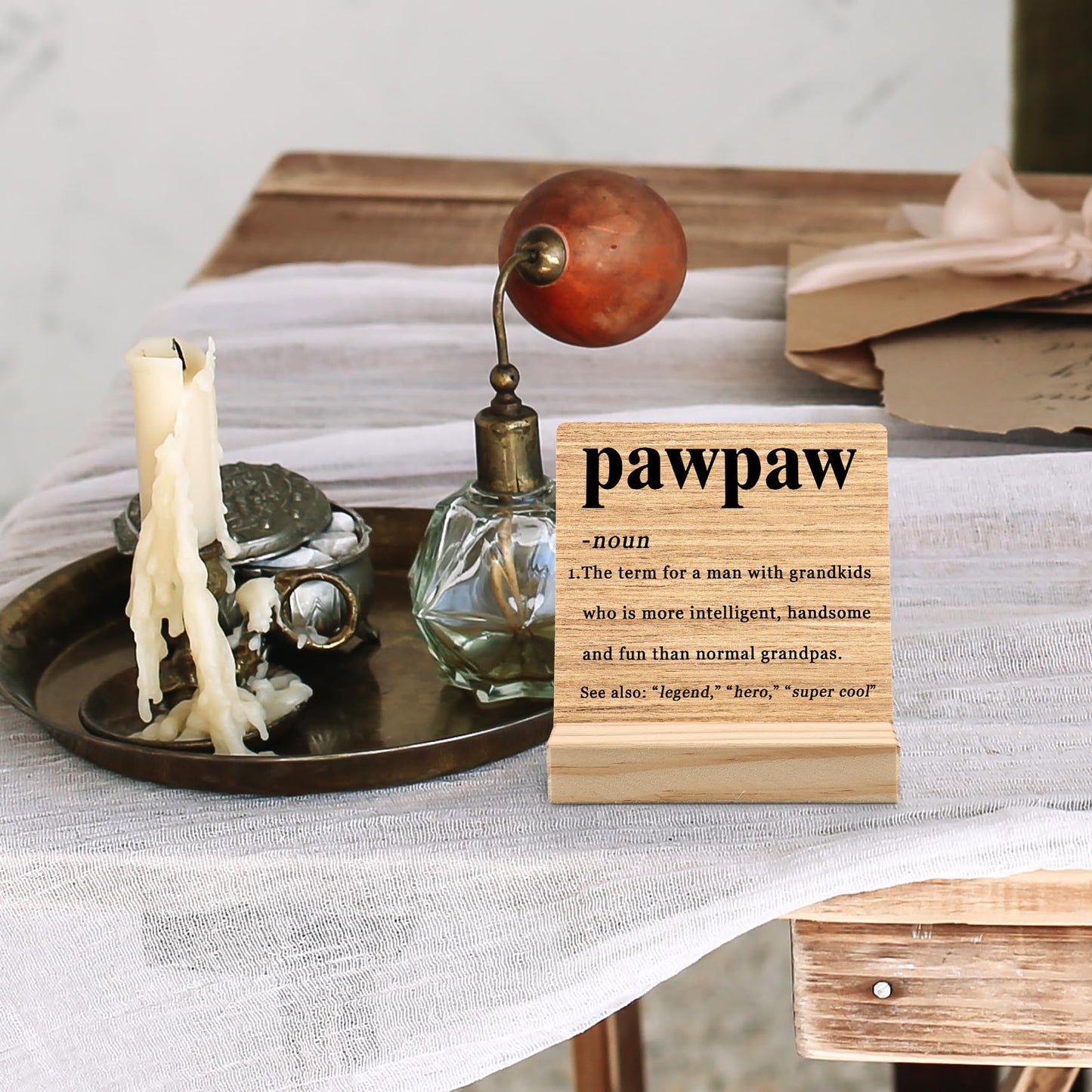 Pawpaw Gifts Desk Decor, Fathers Day Christmas Gift for Grandpa Grandfather Pawpaw Gifts from Grandkids Wood Plaque, PawpawDefinition Wooden Plaque Sign with Wood Stand for Home Office