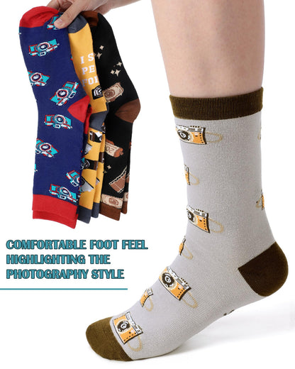 Glitopper 6 Pairs Photographer Gifts for Men Funny Camera Photography Crew Socks Novelty Birthday Holiday Gift for Photograph Lovers