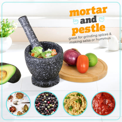 Taco Tuesday Complete Taco Serving Set with Tortilla Warmer, Salsa Bowls, Shell Holders, and Mortar and Pestle - 9-Piece Set - Red, Yellow, and Green