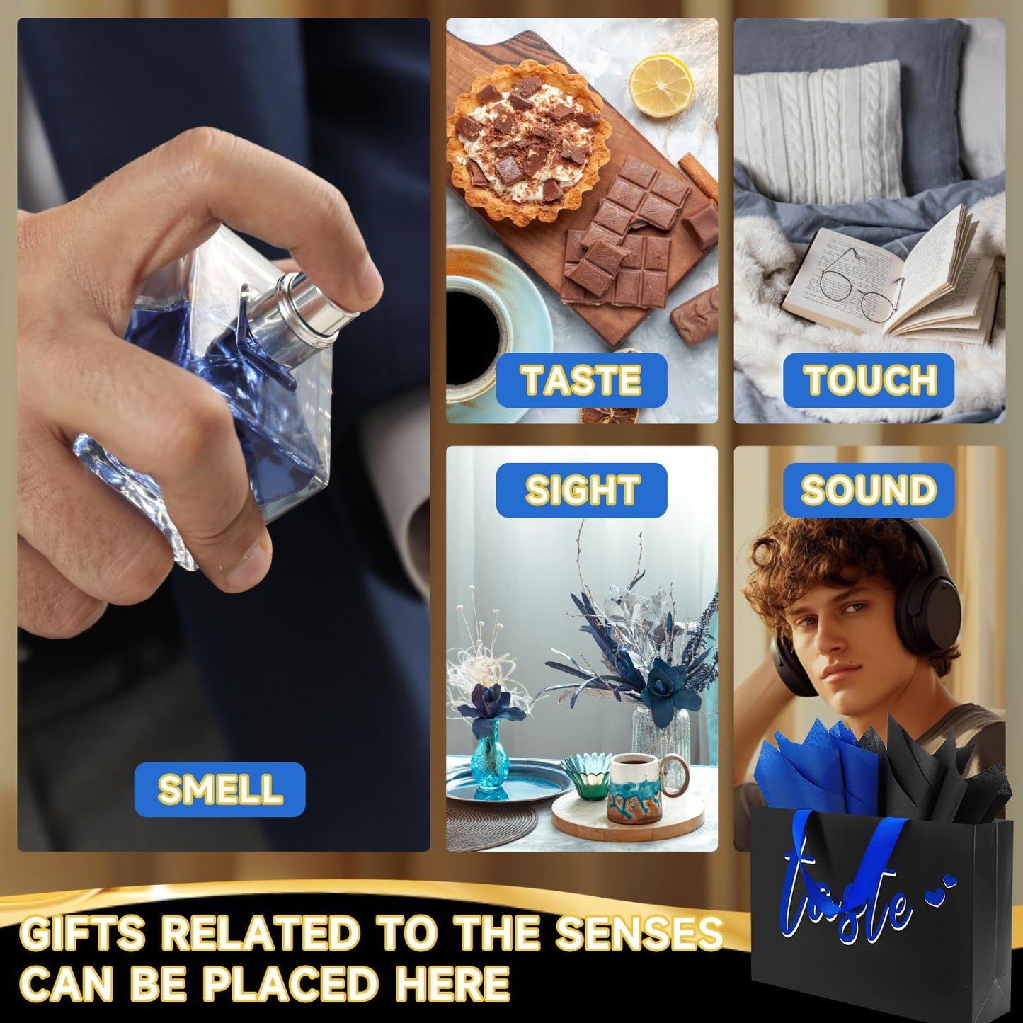Epoesch 5 Senses Gift Bags for Him with Labels & Tissue Paper | Happy Birthday Decorations Kit with Banner, Balloons, Rose Petals, Envelope, Card for Men, Boyfriend, Husband(Black - Blue lettering)