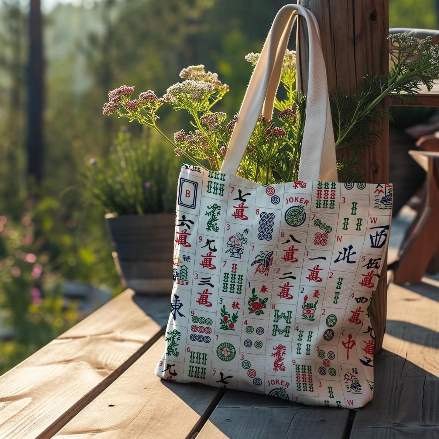 Retro Canvas Tote Bags for Women, Mahjong Gifts, Gifts for Mahjong Lovers